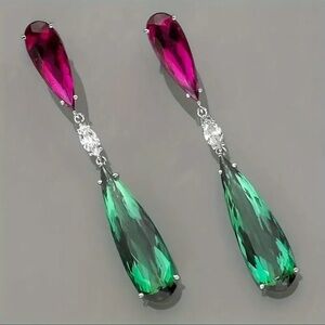 Pink And Green Simulated Zirconia Droplet Crystal Water Drop Glamorous Earrings